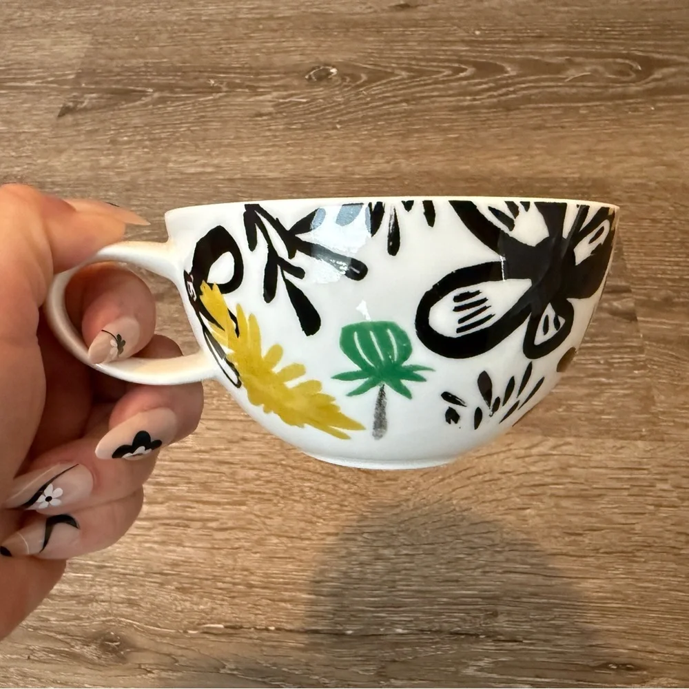 Crate & Barrel 2014 Floral Mug Abstract Chic Coffee Cup Minimalist Black Yellow